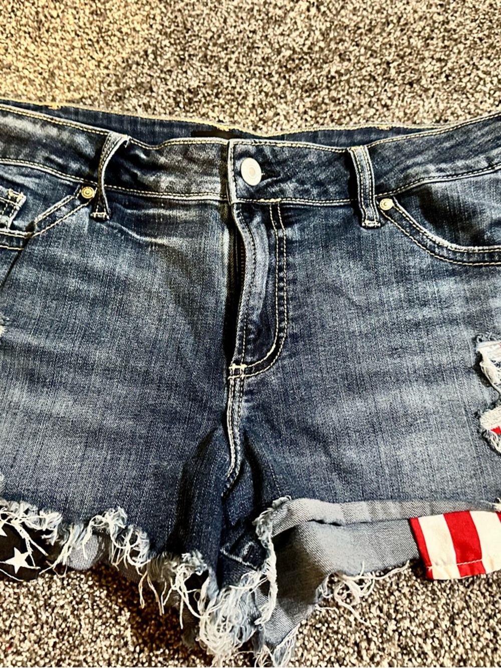 Silver Jeans Distressed Dark Blue Denim Cutoff Shorts with Flag Patch